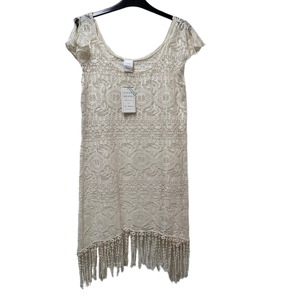 Lucky Brand Swimwear Cream Lace Fringed Boho Cover Up NWT